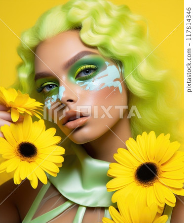 A blonde girl holds a chamomile flower on a yellow background. Bright creative makeup. Beauty portrait close up. Fashion model A blonde girl holds a chamomile flower on a yellow background. Bright creative makeup. Beauty portrait close up. Fashion model 117814346