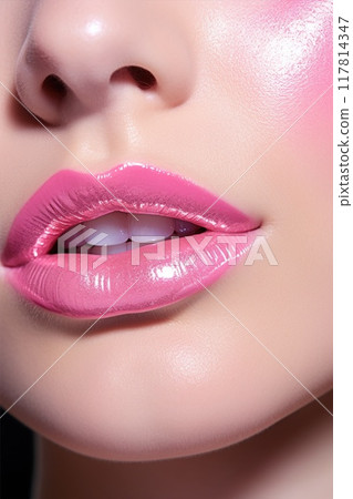 Beautiful girl with pink lips macro. Glossy Lipstick. Beauty model Professional make-up wet skin effect close-up. 117814347