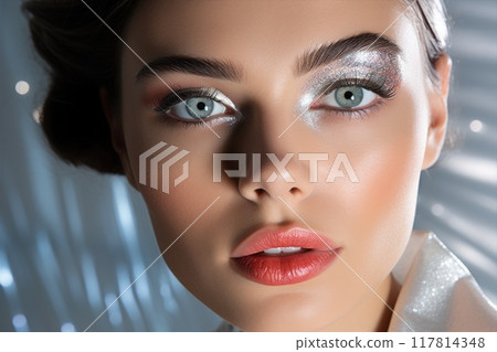 Close-up of the young model's face. Beauty girl with perfect skin and silver glitter eyeshadows make-up. Beautiful woman portrait. 117814348