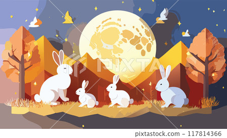 Mid autumn festival with rabbits and the moon in the forest. Vector illustration of  Mid autumn festival. 117814366
