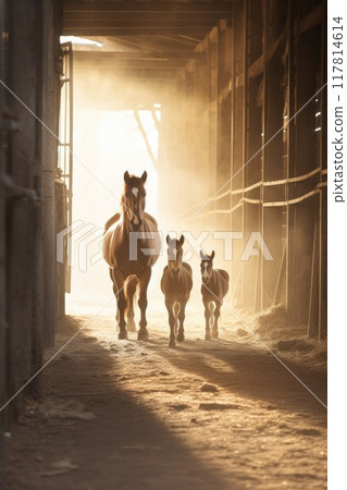 A horse and a foal in a barn, surrounded by darkness and shadows 117814614