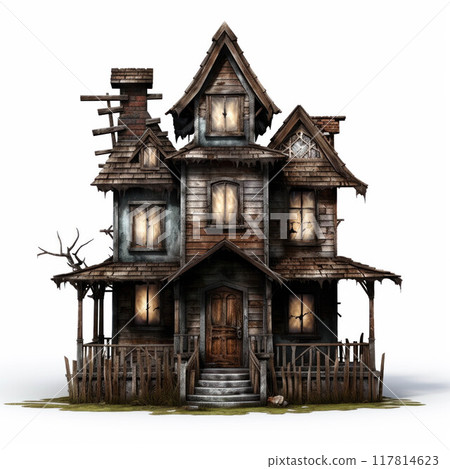 Scary house isolated on white background. Creepy haunted mansion. Spooky Halloween villa 117814623