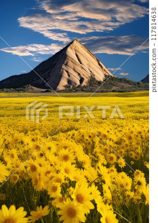 Blooming meadow among high mountains and flowers. Beauty in nature. Blooming meadow among high mountains and flowers. Beauty in nature. 117814638