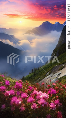 Blooming meadow among mountains. High peaks and flowers. Beauty in nature. Blooming meadow among mountains. High peaks and flowers. Beauty in nature. 117814641