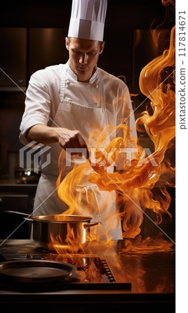 A chef in a white work uniform and a chef's hat prepares a dish in a frying pan with fire. A chef in a white work uniform and a chef's hat prepares a dish in a frying pan with fire. 117814671