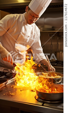 A chef in a white work uniform and a chef's hat prepares a dish in a frying pan with fire. A chef in a white work uniform and a chef's hat prepares a dish in a frying pan with fire. 117814672