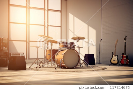 Vintage music studio with drum set, guitar and cozy ambiance for practice and recording 117814675