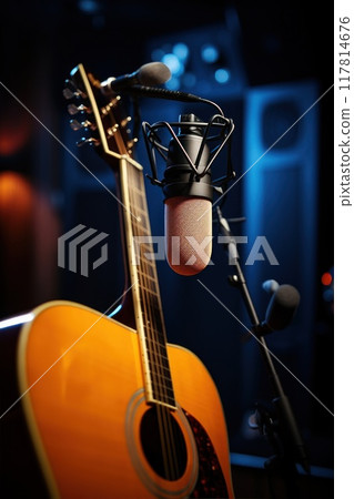 A Guitar is placed next to a Musical instrument accessory, the microphone, on a stand, ready for the Musician to play 117814676