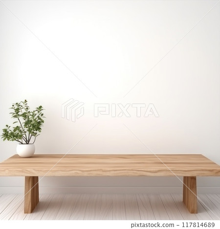 An Elegant Wooden Table Designed Perfectly for Any Contemporary Modern Living Space. Minimalistic furniture. Copy space for your design. Good for mockup 117814689