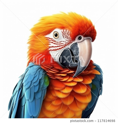 Blue and yellow Macaw parrot isolated on white background. A large exotic bird. 117814698