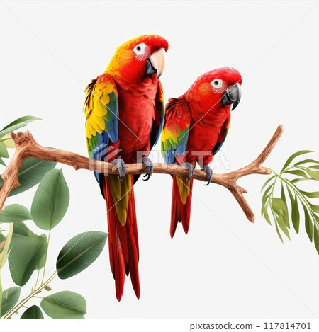 Scarlet Macaw parrots isolated on white background. A large exotic birds are sitting on a branch. 117814701