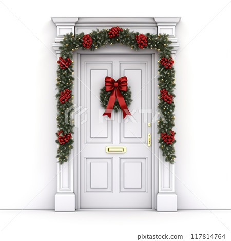 A wooden door decorated for Christmas isolated on white background. 117814764