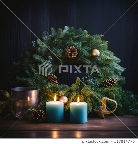 Burning candle and Christmas decoration over snow and wooden background 117814776