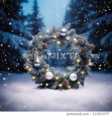 Festive Christmas wreath with lights bow and cones. 117814777