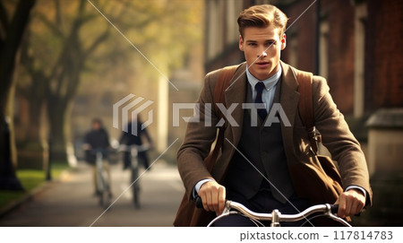 A young handsome man rides a vintage bicycle along the street of the old town. 117814783