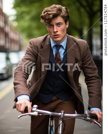 A young handsome man rides a vintage bicycle along the street of the old town.  117814784