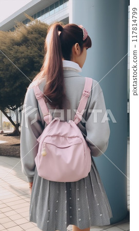A student with a pink backpack in school uniform, walking on a campus outdoors, seen from behind. A high school or university teenager girl. Casual teen outfit fashion A student with a pink backpack in school uniform, walking on a campus outdoors, seen from behind. A high school or university teenager girl. Casual teen outfit fashion 117814799