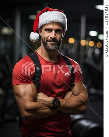 Santa Claus fitness trainer. A muscular man in a gym 117814838
