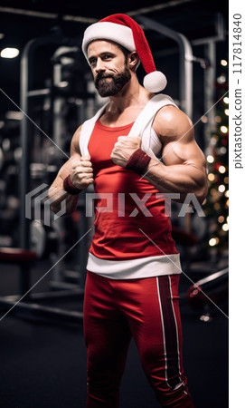 Santa Claus fitness trainer. A muscular man in a gym 117814840