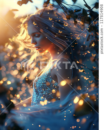 Girl surrounded by fireflies in twilight Girl surrounded by fireflies in twilight 117814908