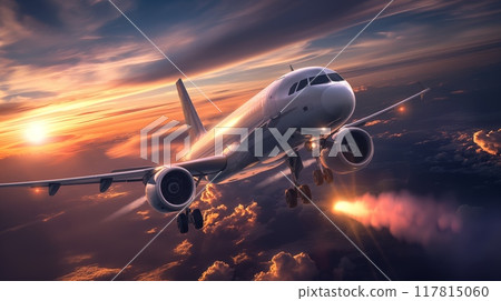 Commercial airplane flying at sunset 117815060