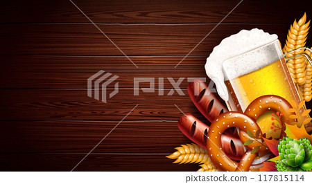 Oktoberfest Beer Festival Banner Illustration with Fresh Lager Beer, Pretzel and Sausage on Vintage Wooden Background. Vector Celebration Flyer Template for Traditional German Beer Festival. 117815114