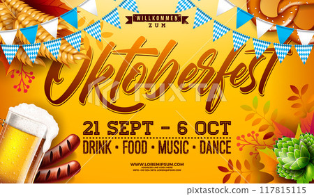 Oktoberfest Party Banner Illustration with Fresh Lager Beer and Blue and White Bavaria Party Flag on Yellow Background. Vector Celebration Flyer Template for Traditional German Beer Festival. 117815115