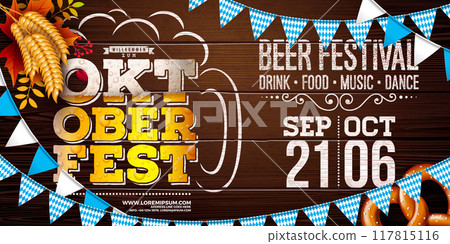 Oktoberfest Party Banner Illustration with Blue and White Bavaria Party Flag and Fresh Lager Beer in Typography Letter on Vintage Wooden Background. Vector Celebration Flyer Template for Traditional 117815116