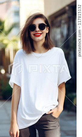 A trendy young woman is wearing a stylish white tshirt outdoors. A girl in casual outfit.  117815132