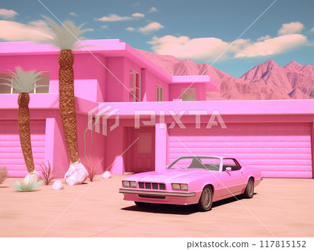 A luxury retro car and a beautiful pink dollhouse building. The cottage of a princess girl. A luxury retro car and a beautiful pink dollhouse building. The cottage of a princess girl. 117815152