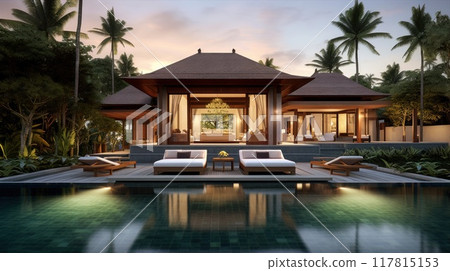 A spacious house with a pool in front, framed by palm trees under a cloudy sky in a residential area A spacious house with a pool in front, framed by palm trees under a cloudy sky in a residential area 117815153