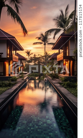 A spacious houses with a pool in front, framed by palm trees A spacious houses with a pool in front, framed by palm trees 117815154