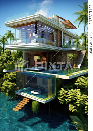 A modern house concept with a swimming pool surrounded by palm trees 117815162