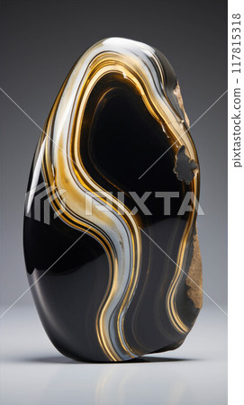 Golden and black texture. Polished stone with an exquisite natural pattern. 117815318