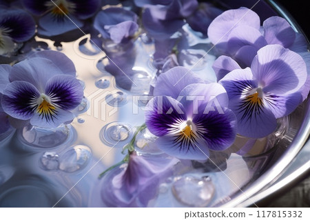Pansy float on water. Purple flowers close up. Macro floral background top view. 117815332