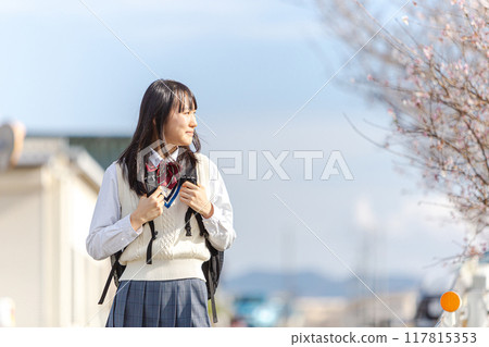 High school girls going to and from school 117815353