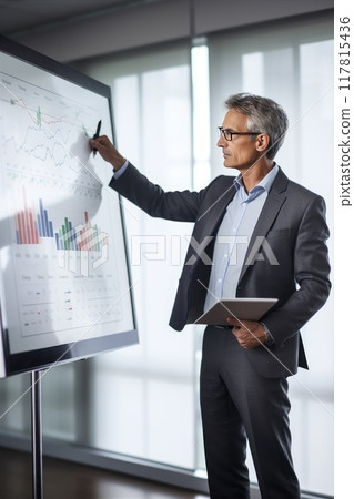 A man in formal wear is presenting in front of a whiteboard, wearing suit  117815436