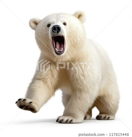 A photograph capturing a fierce polar bear roaring in the wild environment of the Arctic 117815448