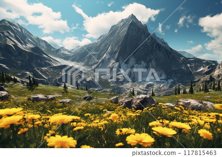 Blooming meadow among high mountains and flowers. Beauty in nature. 117815463