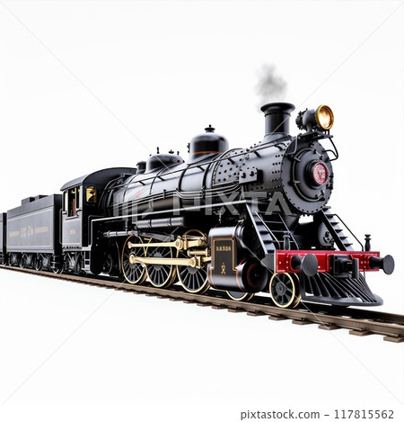 A old black train on tracks, rolling on a white background 117815562