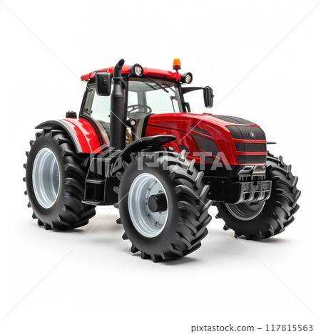 Yellow and black toy tractor with large tires on white background 117815563