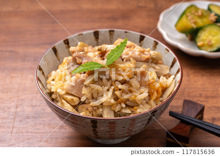 Chicken and burdock rice cooked with soy sauce and koji 117815636