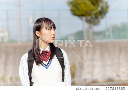 穿著制服的高中女孩站在校園前 穿著制服的高中女孩站在校園前 117815865