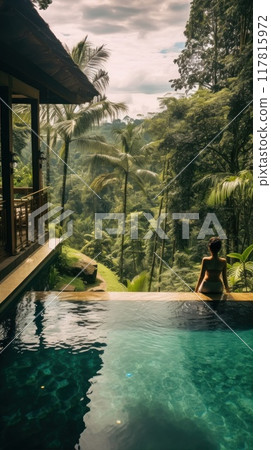 Happy woman enjoying swimming in infinity pool  117815972
