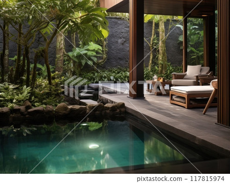 A spa hotel in the jungle. A relaxation area by the pool 117815974