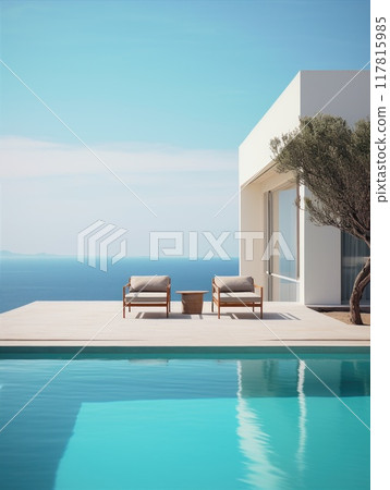 A minimalistic modern building with a swimming pool  117815985