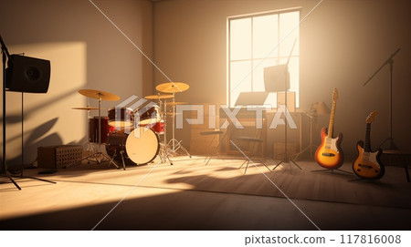 Vintage music studio with drum set, guitar and cozy ambiance for practice and recording Vintage music studio with drum set, guitar and cozy ambiance for practice and recording 117816008