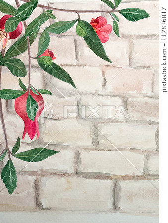 A branch with pomegranates, flowers and leaves on a white stone wall watercolor frame. Hand drawn realistic fruit element for cards, banners, posters, home decor, prints. Vibrant autumn plant clip art A branch with pomegranates, flowers and leaves on a white stone wall watercolor frame. Hand drawn realistic fruit element for cards, banners, posters, home decor, prints. Vibrant autumn plant clip art 117816017