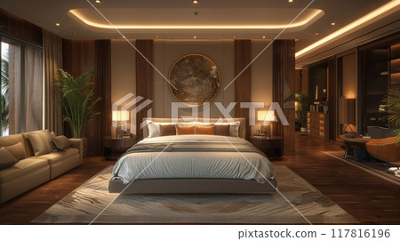 Spacious Bedroom With Large Bed and Window 117816196