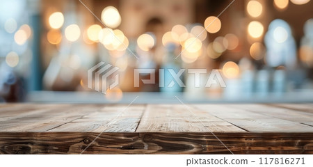 Rustic Wooden Table in a Warmly Lit Restaurant With Blurry Background 117816271